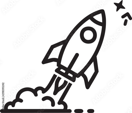 Rocket launch icon with smoke trail and stars spaceship business