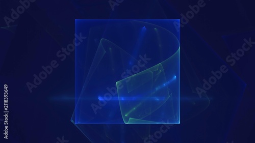Illustration created as a 3D render without generative AI, abstract futuristic light burst with geometric particles and radiant energy background
