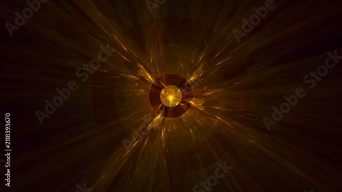 Illustration created as a 3D render without generative AI, abstract futuristic light burst with geometric particles and radiant energy background