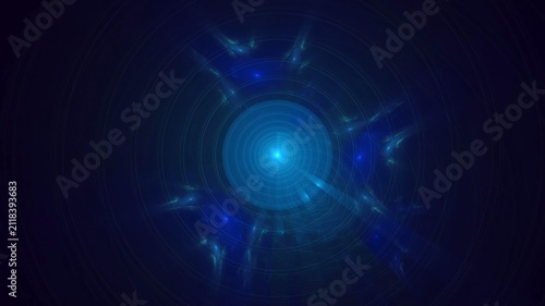 Illustration created as a 3D render without generative AI, abstract futuristic light burst with geometric particles and radiant energy background