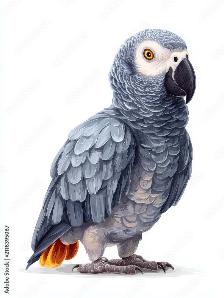 Fototapeta premium Pixel Art African Grey Parrot With Distinctive Gray Feathers And Red Tail Standing On White Background