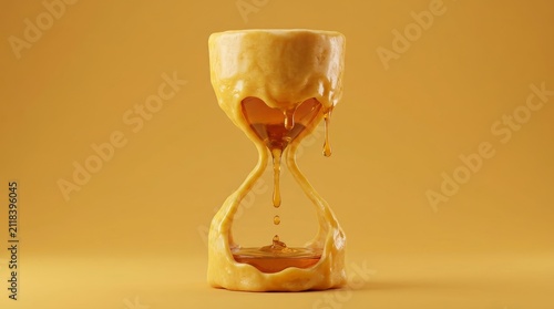 Close up view of melting hourglass filled with golden honey on yellow background