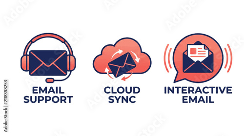 Professional flat vector illustration set of email customer service icons featuring a headset mail envelope cloud exchange isolated white background.
