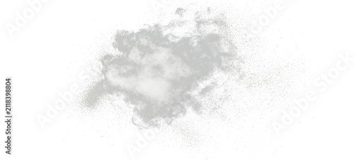 A cloud of white smoke and particles, dispersed on a black background, suggesting movement and an explosion effect