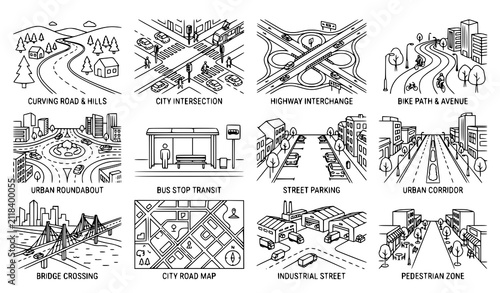 Road Infrastructure and Street Intersection Collection Featuring Bridges Highways and Urban Planning Vector Sketches