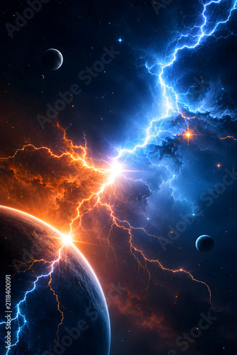 Epic Cosmic Collision of Blue and Orange Lightning Storm in Deep Space with Planets