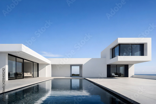 Modern Minimalist Luxury Villa Exterior with Swimming Pool Under Blue Sky