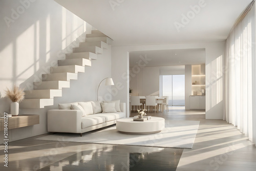 Modern Minimalist Luxury Living Room Interior with Floating Staircase and Sunlight
