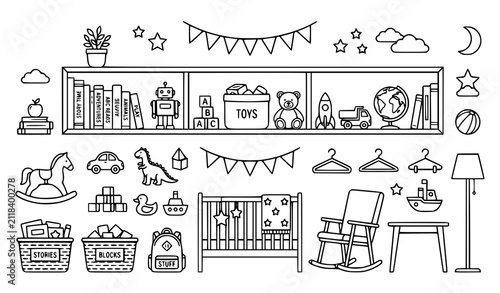 Children's Nursery Room Decorative Elements Collection with Furniture Toys and Interior Accessories Vector Illustrations