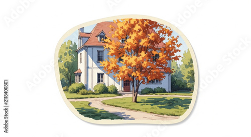 Charming Watercolor Style House Illustration with Autumn Foliage and Garden Path