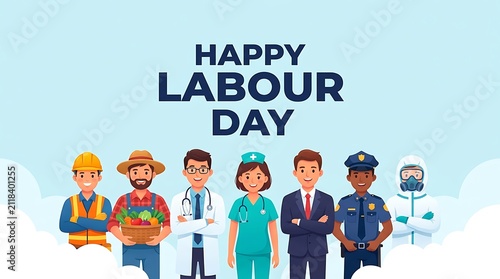 Happy labour day greeting card design featuring a diverse group of professional workers standing together in a row against a light blue background