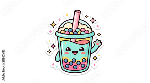Kawaii bubble tea character sticker with stars and smiling face