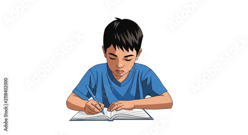 Close-up of a child writing notes in a notebook during a classroom lesson, illustration on white background.