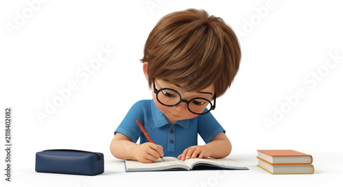 Close-up of a child's hand writing in a notebook during a classroom lesson, with a pencil case nearby.