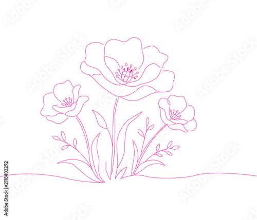 Pink line art flowers with stems and leaves on a white background illustration floral flower