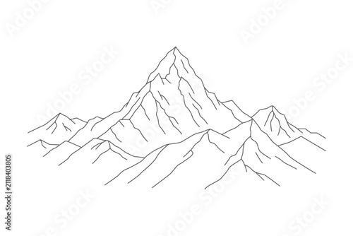 Mountain range line art illustration on a white background depicting a series of jagged peaks