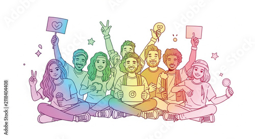 Happy Volunteers Holding Heart Sign and Peace Symbol, Vector Illustration