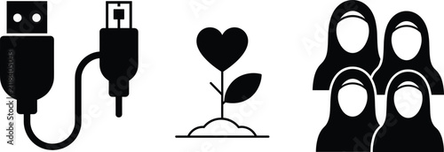 Canvas Print USB Cable Connector Heart Plant and Muslim Women Hijab Silhouette Collection Ico
