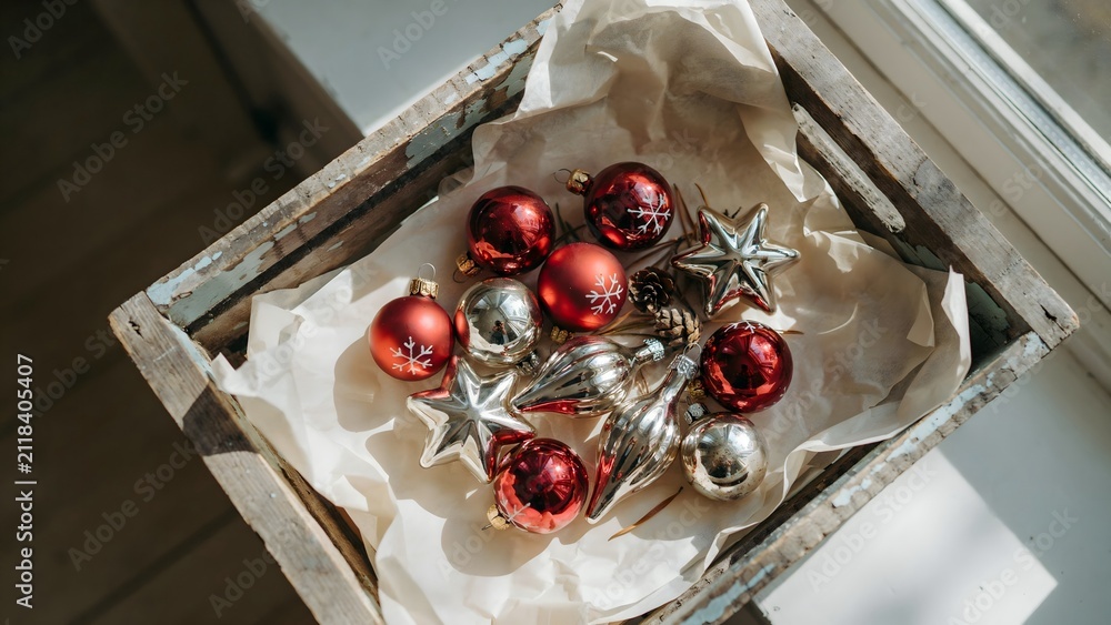 Obraz premium Festive Christmas Ornaments in a Rustic Wooden Box for Holiday Decoration