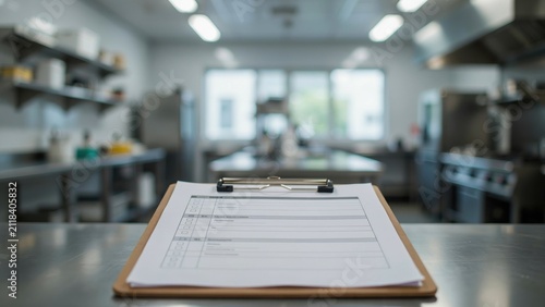 Clipboard with inspection checklist on counter in a professional kitchen for food safety
