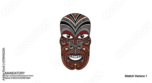 Maori Tiki Mask Illustration - Traditional Cultural Art with Swirling Patterns