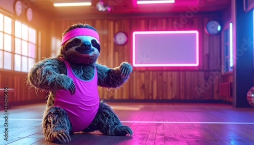 Funny Sloth in Pink Retro Workout Gear Exercising in a Neon 80s Style Gym with Blank Copy Space Frame