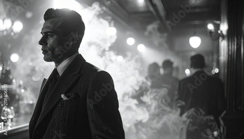 Cinematic black and white portrait of a man in a pinstripe suit in a smoky 1940s style jazz bar with copy space for text