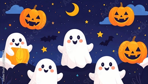 Playful Halloween Night with Smiling Ghosts and Glowing Jackolanterns