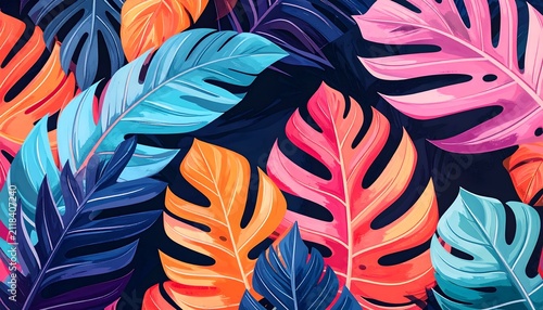 Colorful Tropical Leaves Against Dark