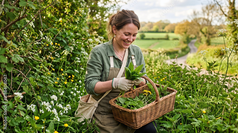 Fototapeta premium Happy woman foraging wild garlic and herbs into a basket in the countryside