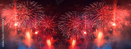 Silvester 2027 New year New Year's Eve Party, new years eve background banner panorama long- red firework fireworks on rustic dark blue night sky texture