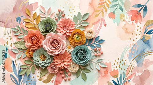 Delicate paper flower art on soft abstract watercolor background