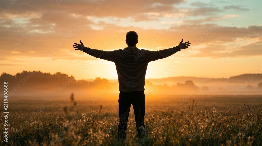 Fototapeta premium Hopeful young man facing a sunrise in a misty field with open arms to symbolize wellness and joy.