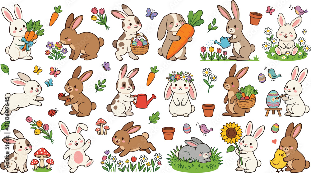Obraz premium Cute Easter Bunny Character Set with Spring Gardening Rabbits Carrot Harvest Flower Wreath Painting Eggs and Watering Can Icons for Festive Greeting Cards Vector Graphic
