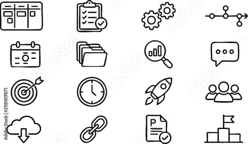 Business Line Icons Set Vector Illustration Including Calendar Checklist Gears Rocket Cloud And More