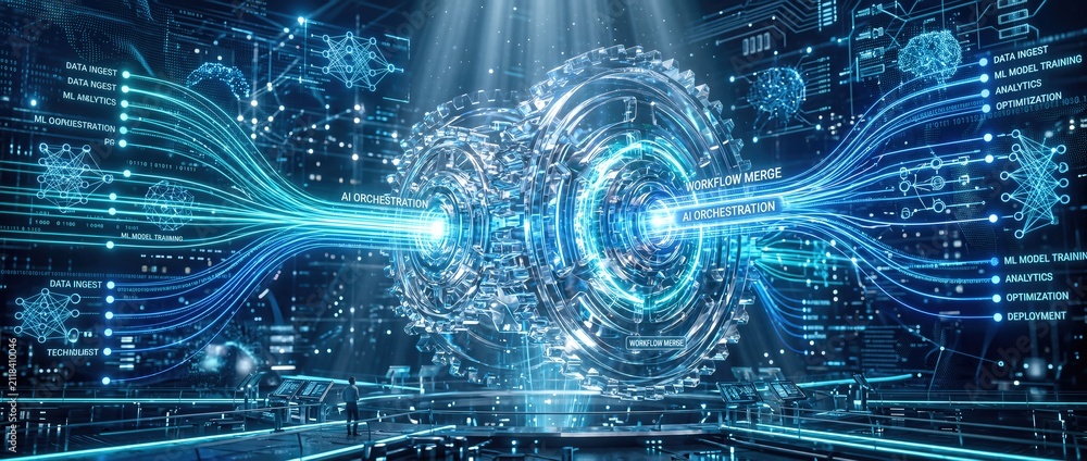 Fototapeta premium Futuristic AI orchestration system with glowing mechanical gears and data