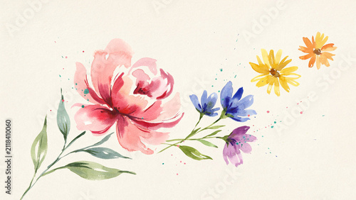 Hand painted watercolor of a large pink peony with small blue, purple, and yellow wildflowers on a cream background