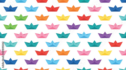 Multicolor paper boat origami seamless pattern with multi colored, paper folding