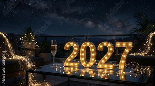 New year 2027 celebration decor with glowing numbers on modern glass table and string lights on balcony under starry night sky.
