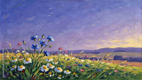 Hand-painted oil landscape of a meadow with blue cornflowers and white daisies, under a purple and gold sunset sky over rolling hills