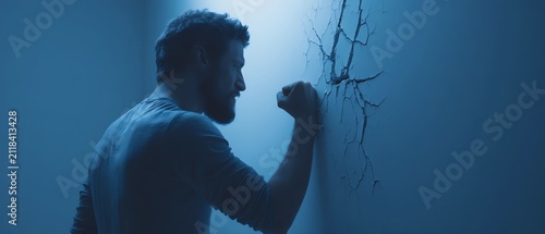 A man expressing frustration against a wall.