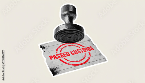 Vintage Rubber Stamp Marking Paper with Red Passed Customs Ink Text