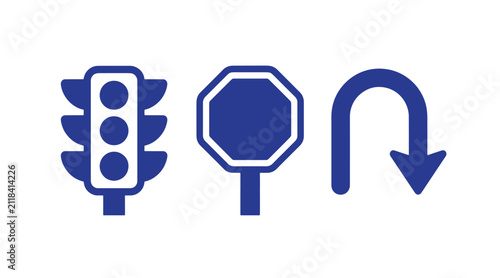 Traffic signals and road directional signs icons with direction navigation transportation regulation infrastructure movement intersection priority junction automation