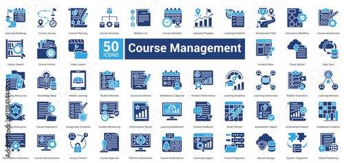 Course Management icon set in two color style contains 50 icons including study planner, assessment report, achievement, gradebook and certification document simple vector icon icon

