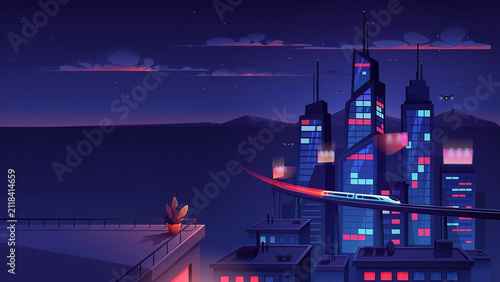 Night city skyline with a high-speed train on an elevated track, featuring glowing skyscrapers and a rooftop terrace with a potted plant