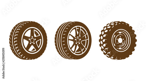Set of various vehicle wheel and tire tread icons with automotive transport transportation silhouette performance maintenance engineering manufacturing industrial