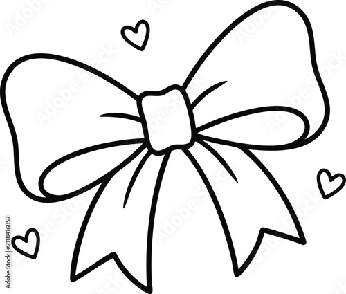 Black and white outline of a decorative bow with hearts on a white background