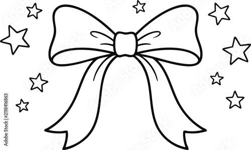Black and white outline of a decorative bow with surrounding stars on a white background