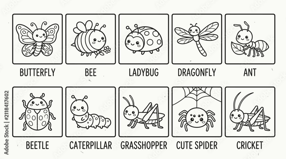 Naklejka premium Collection of cute cartoon insects and bugs with labels, perfect for children's educational materials.