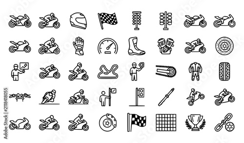 Foto Sports Motorcycle Racing Editable Stroke Outline Icon Collection Vector Set of T